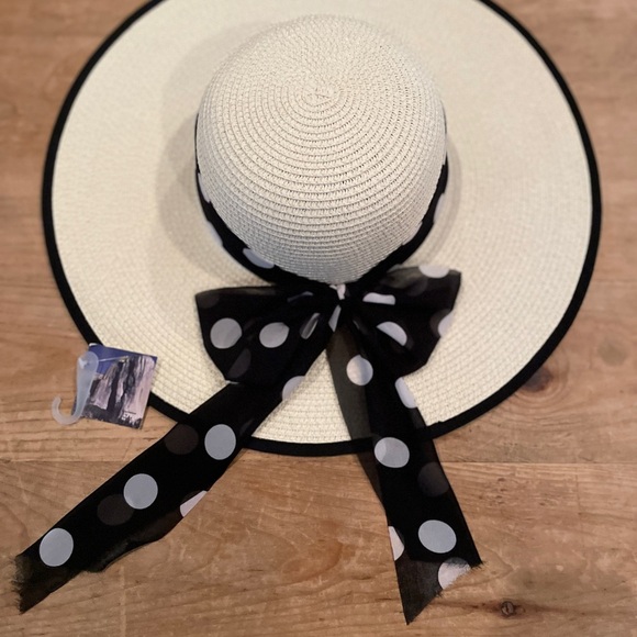 NWT Wide Brim ivory black trim polka dot Old Money Hat OS - Picture 6 of 6